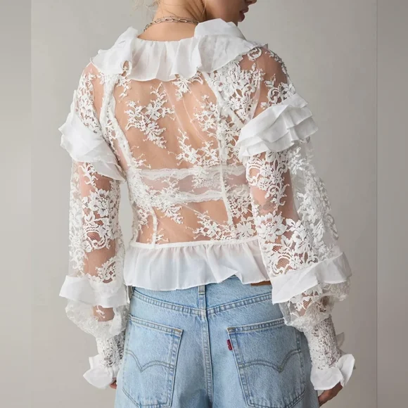 For Love & Lemons Holiday Lace Blouse (SAMPLE) Silk Top S Romantic Sheer Lace - Picture 4 of 16
